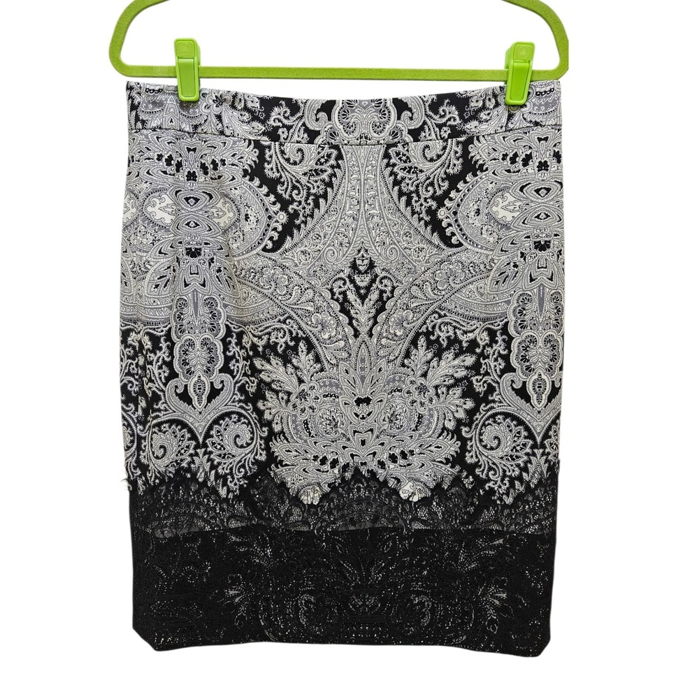 NEW Antonio Melani‎ Pencil Skirt Paisley Lace Trim Career Black Ivory Women's 12